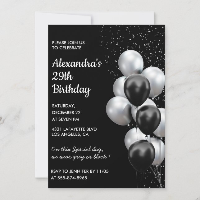 Invitations Black 29e anniversaire Balloons Silver (Devant)