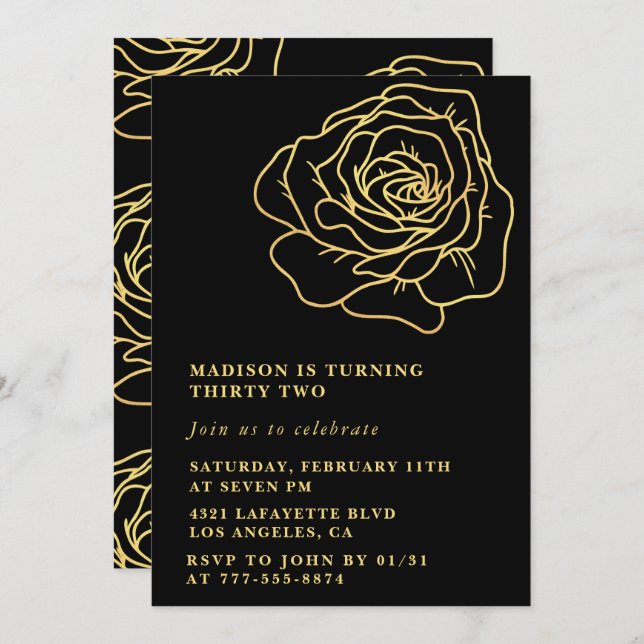 Invitations Black 32e anniversaire Gold Floral (Devant / Derrière)