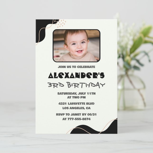 Invitations Black 3e anniversaire Boy Simple Photo (Debout devant)