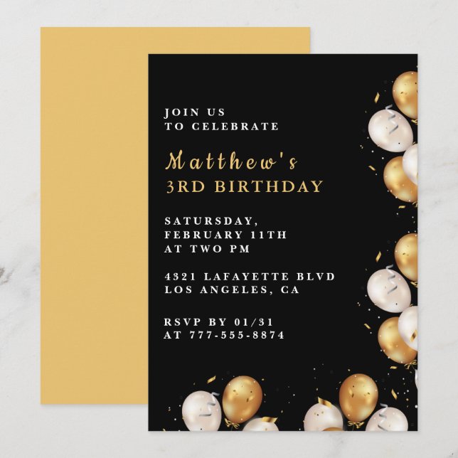 Invitations Black 3e anniversaire Gold Balloon Boy (Devant / Derrière)