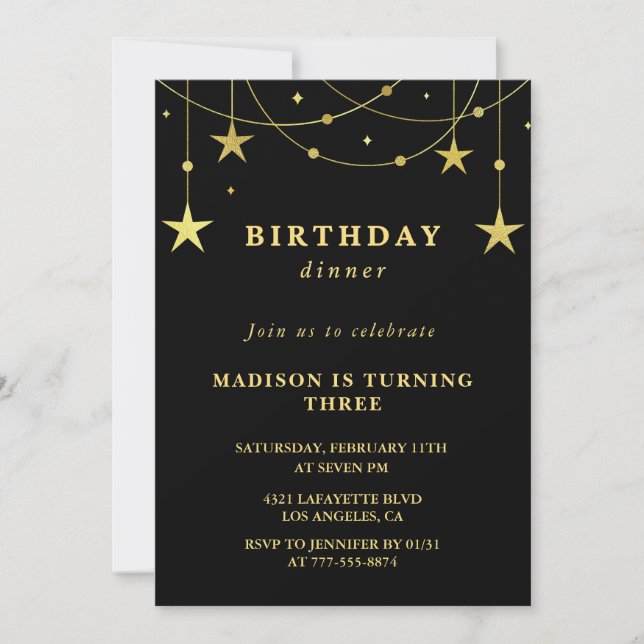 Invitations Black 3e anniversaire Gold Stars (Devant)