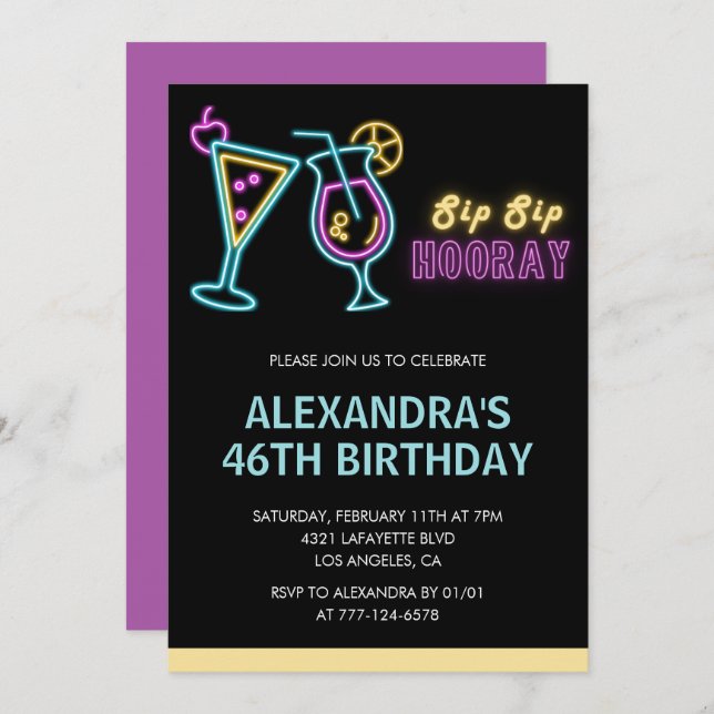 Invitations Black 46e anniversaire Cocktail Neon G (Devant / Derrière)