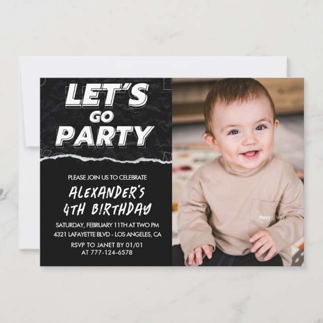 Invitations Black 4th anniversaire Boy Photo (Devant)