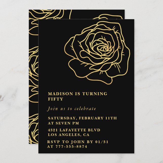 Invitations Black 50e anniversaire Gold Flowers (Devant / Derrière)