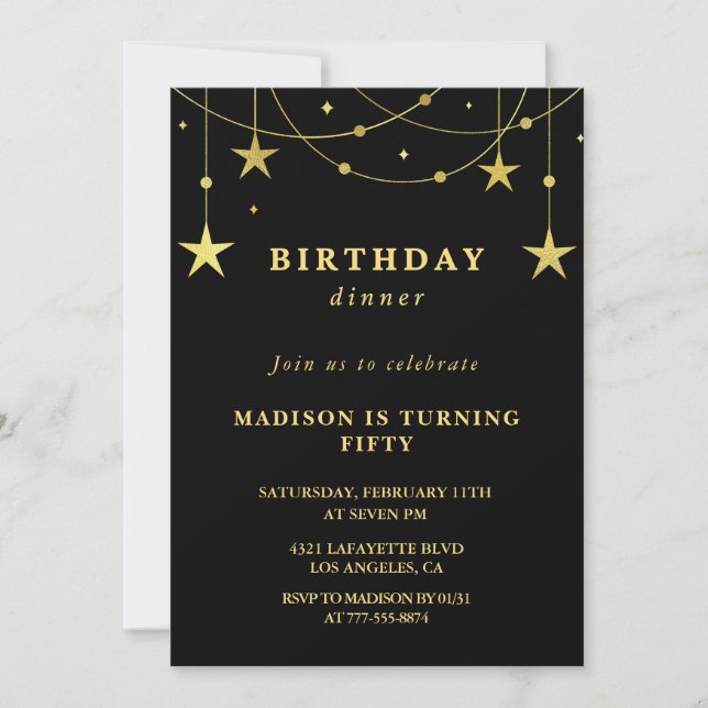 Invitations Black 50e anniversaire Gold Stars (Devant)