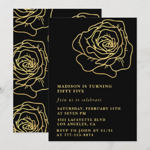 Invitations Black 55e anniversaire Gold Flowers