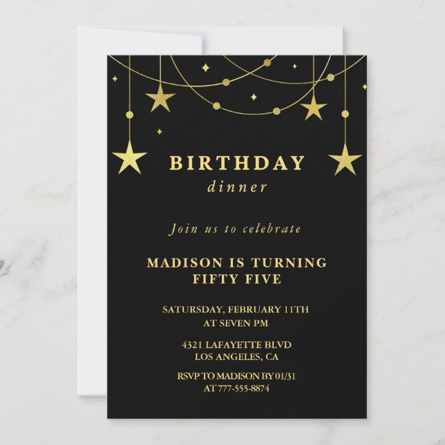 Invitations Black 55e anniversaire Gold Stars (Devant)