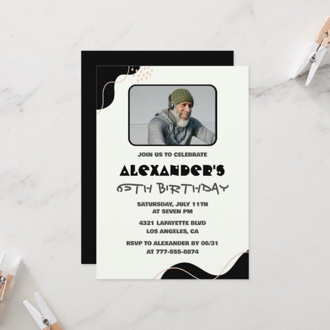 Invitations Black 65e anniversaire Hommes Simple P (Devant/Arrière en situation)
