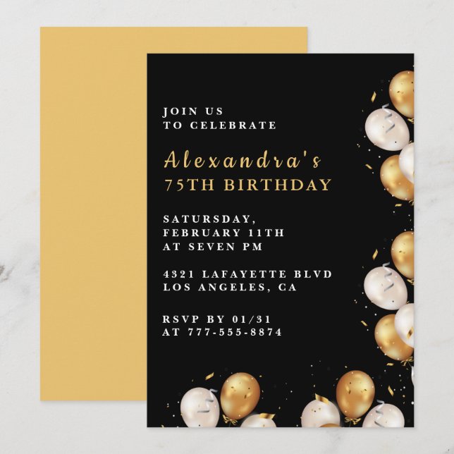 Invitations Black 75e anniversaire Gold Balloon (Devant / Derrière)