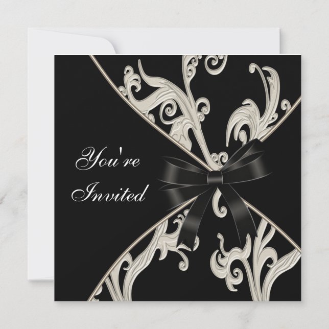 Invitations Black and Cream Swirl Party (Devant)