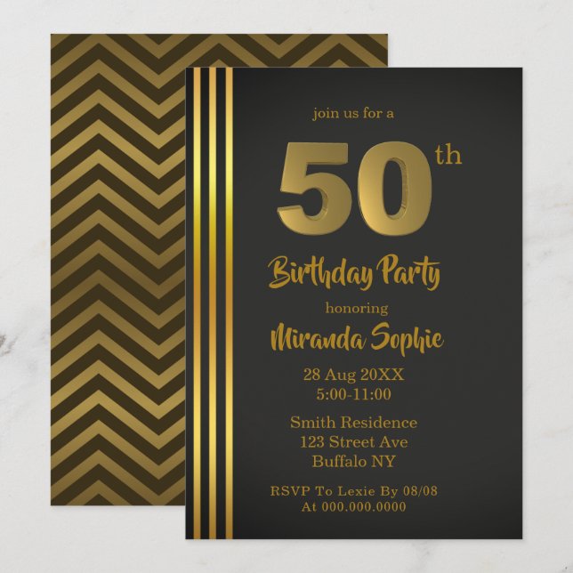 Invitations Black and Gold 50th Birthday (Devant / Derrière)
