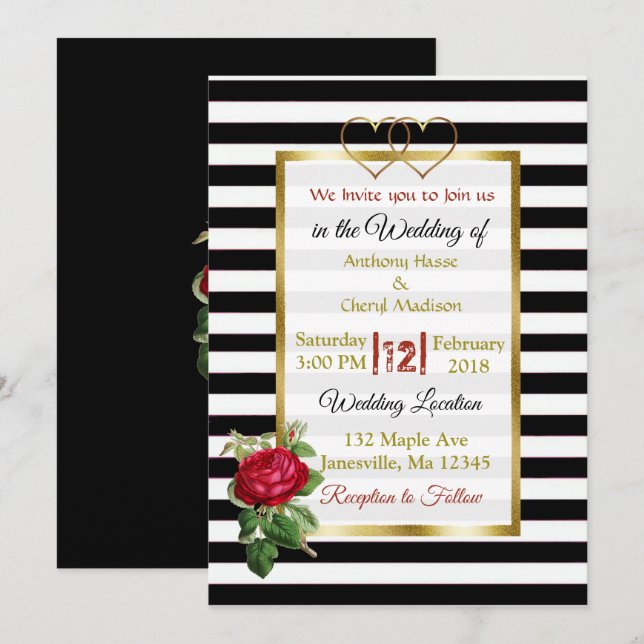 Invitations Black and White Rose Gold Wedding (Devant / Derrière)