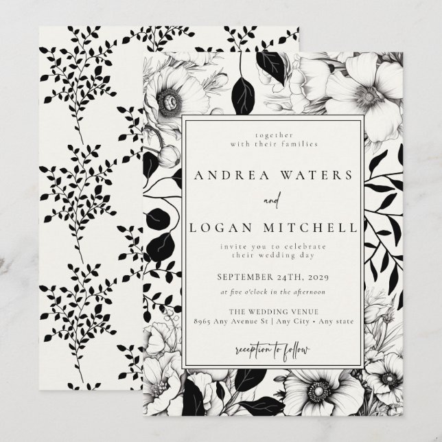 Invitations Black Floral Wedding (Devant / Derrière)