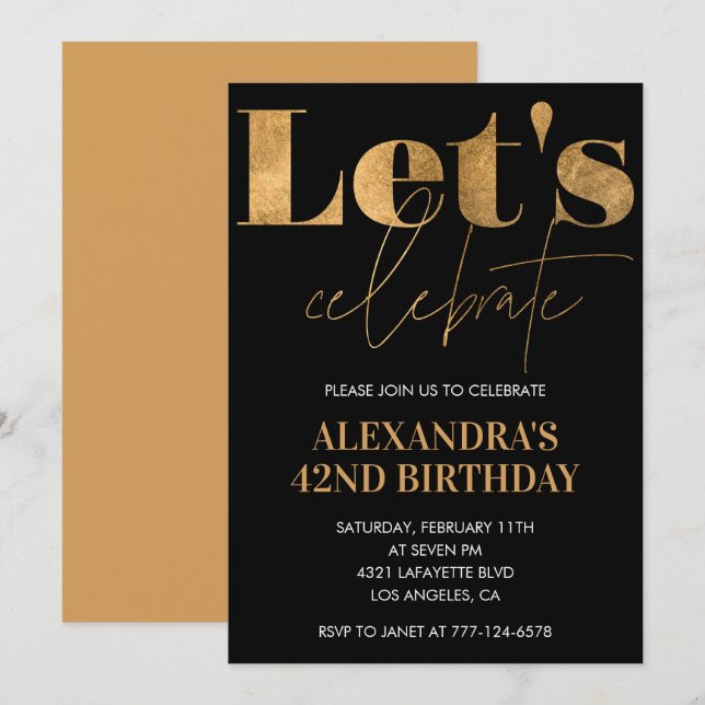Invitations Black Gold 42e anniversaire Elegant (Devant / Derrière)