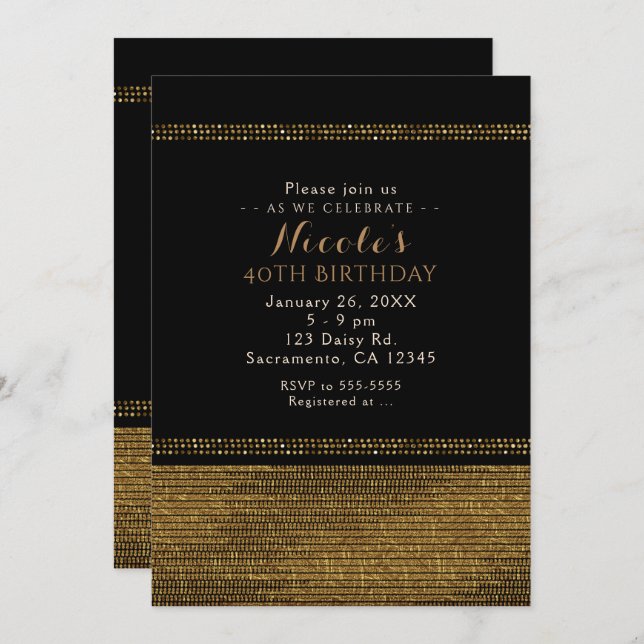Invitations Black & Gold Chic Sparkling Glam Party (Devant / Derrière)