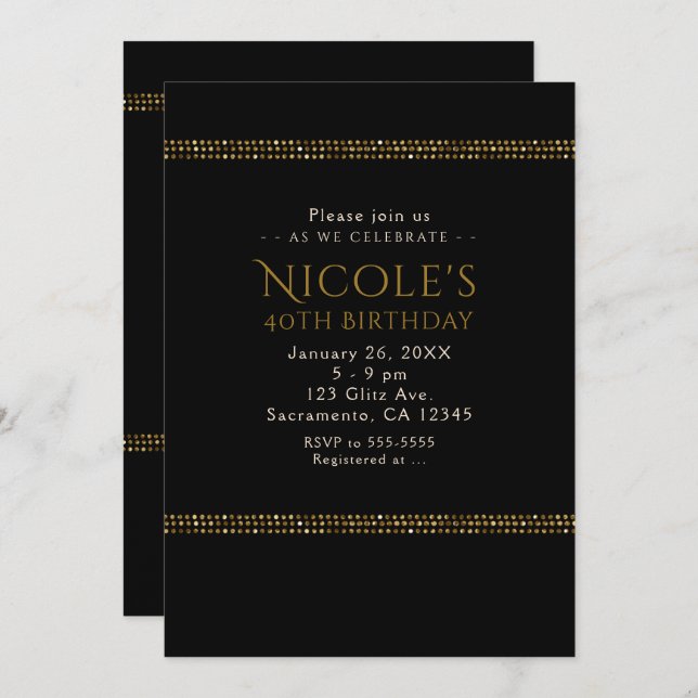 Invitations Black & Gold Chic Sparkling Glam Party (Devant / Derrière)
