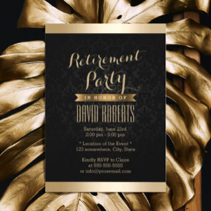 Invitations Black & Gold Damask Retraite Party