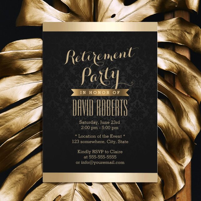 Invitations Black & Gold Damask Retraite Party (Créateur téléchargé)