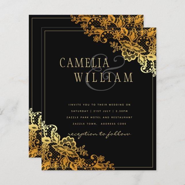 Invitations Black Gold Lace Wedding (Devant / Derrière)
