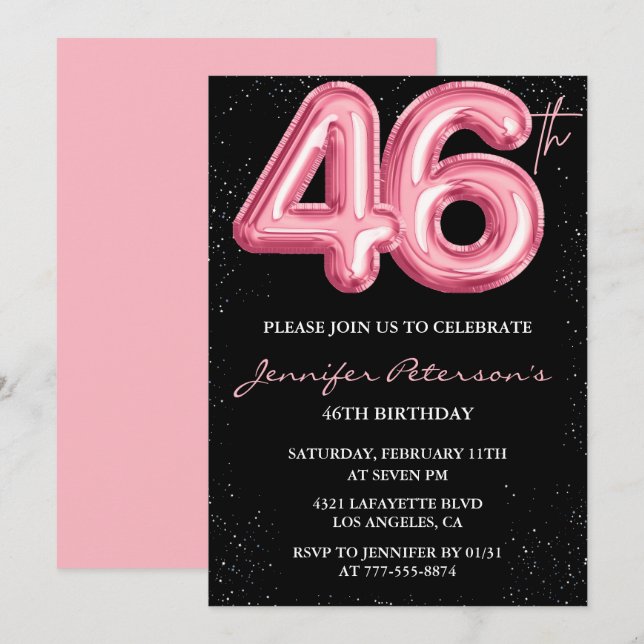 Invitations Black Pink 46e anniversaire Ballons Gl (Devant / Derrière)