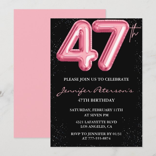 Invitations Black Pink 47e anniversaire Ballons Gl (Devant / Derrière)
