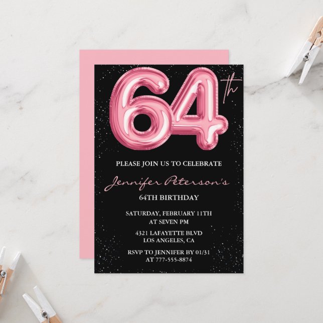 Invitations Black Pink 64e anniversaire Ballons Gl (Devant/Arrière en situation)