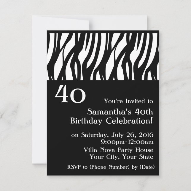 Invitations Black+White Mod Zebra 40e fête (Devant)