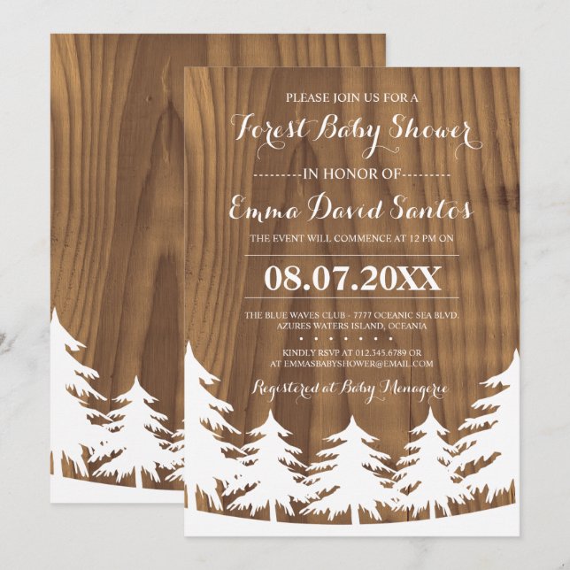 Invitations blancs de baby shower de forêt (Devant / Derrière)