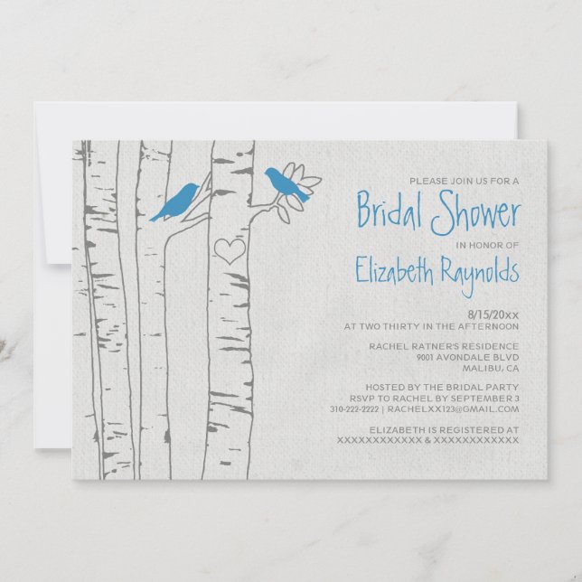 Invitations bleues de Fête de la mariée d'oiseaux (Devant)