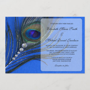 Invitations bleues de mariage de plume de paon de