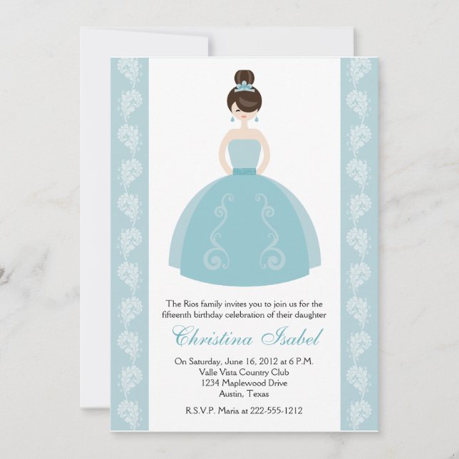 Invitations bleues de Quinceanera de brune de robe (Devant)