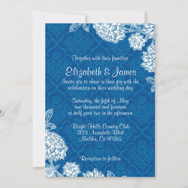 Invitations bleues élégantes de mariage damassé (Devant)