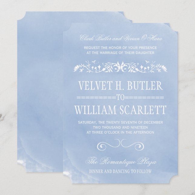 Invitations bleues en pastel de mariage (Devant / Derrière)