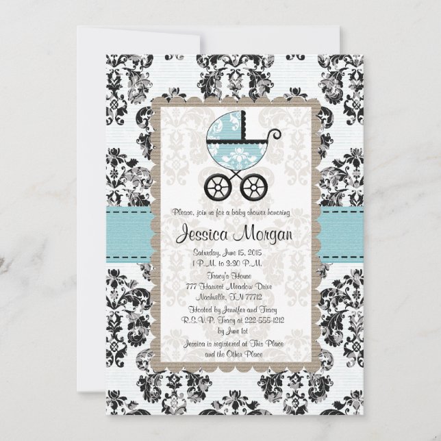 Invitations bleues et noires de baby shower de (Devant)