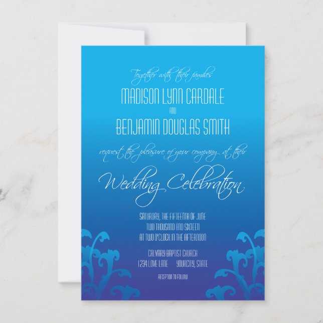 Invitations bleues modernes de mariage de Flourish (Devant)