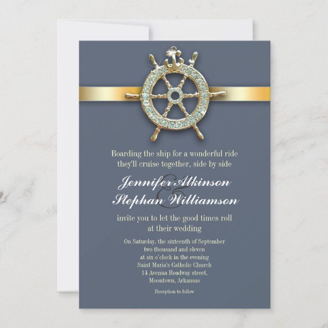 invitations bleues nautiques de mariage d'or (Devant)