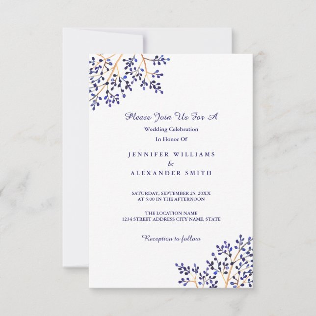 Invitations bleues simples de mariage de nature (Devant)