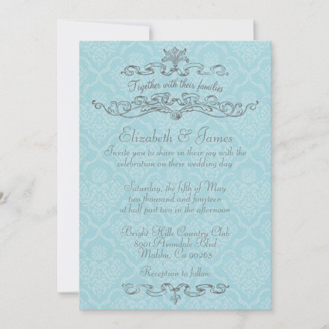 Invitations Blue Mariage damassé de luxe simples (Devant)