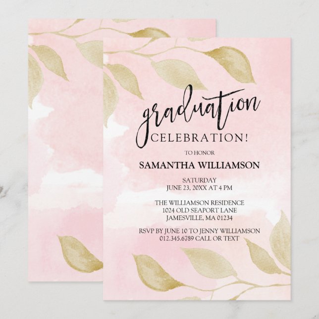 Invitations Blush Pink et Gold Graduation Party (Devant / Derrière)