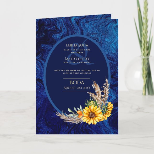 Invitations BODA Espagnol 4pg Royal Blue Sunflower (Devant)