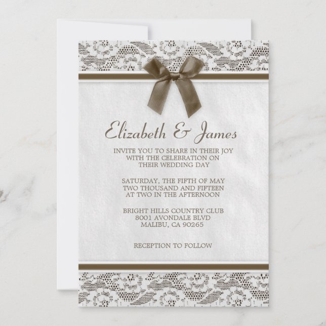 Invitations Brown de mariage de dentelle de pays (Devant)