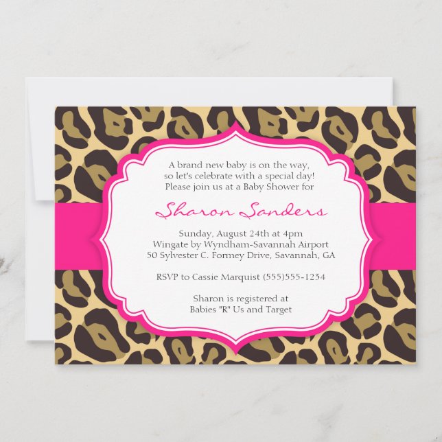 Invitations Brown Leopard & Hot Rose Baby Shower (Devant)