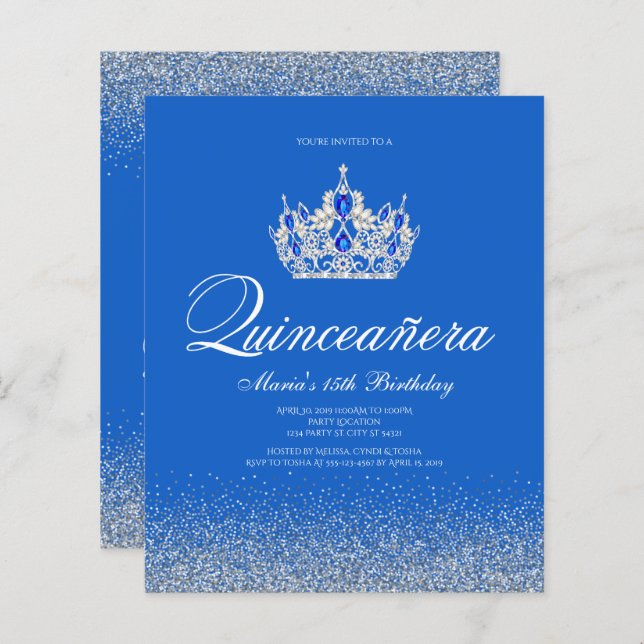Invitations Budget Blue et Silver Quinceanera (Devant / Derrière)