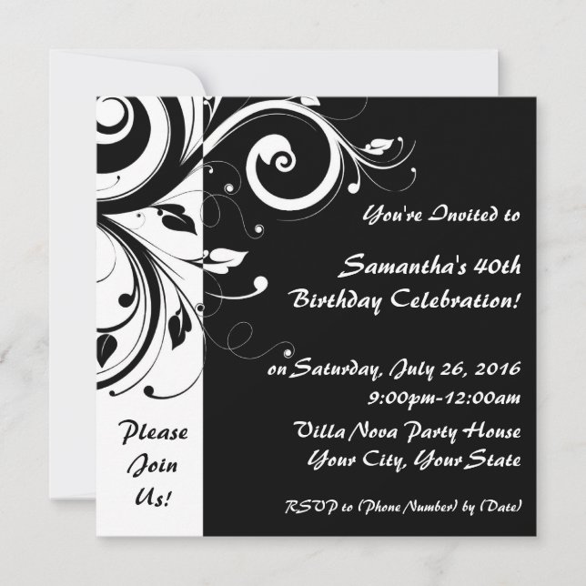 Invitations carré Black+White Reverse Swirl Party (Devant)