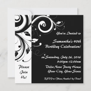 Invitations carré Black+White Reverse Swirl Party