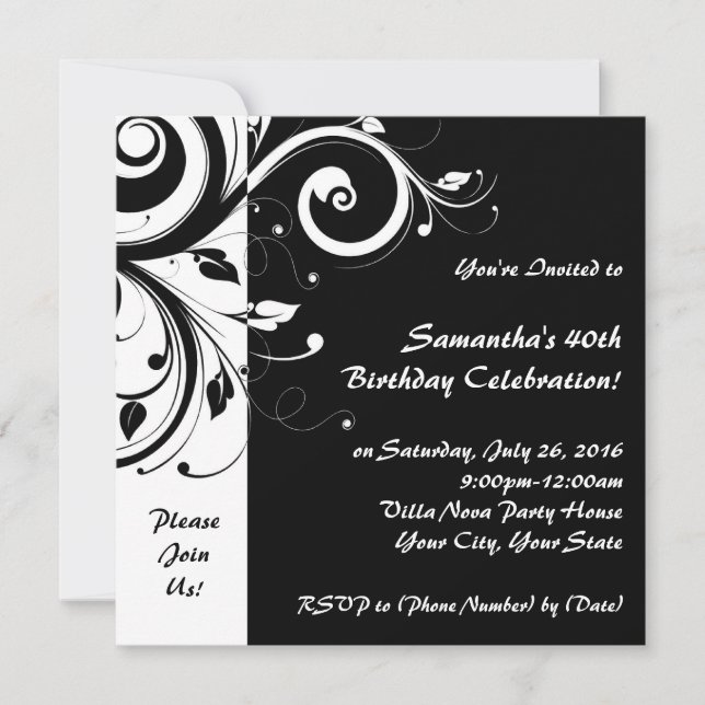 Invitations carré Black+White Reverse Swirl Party (Devant)