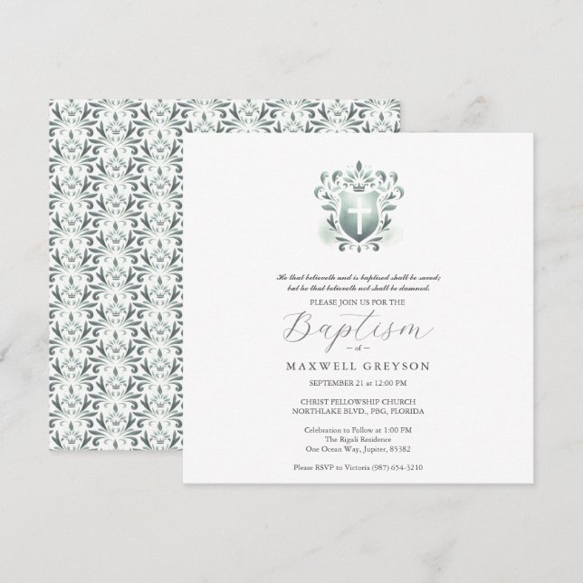 Invitations carrés Baptême Sage Green Crest (Devant / Derrière)
