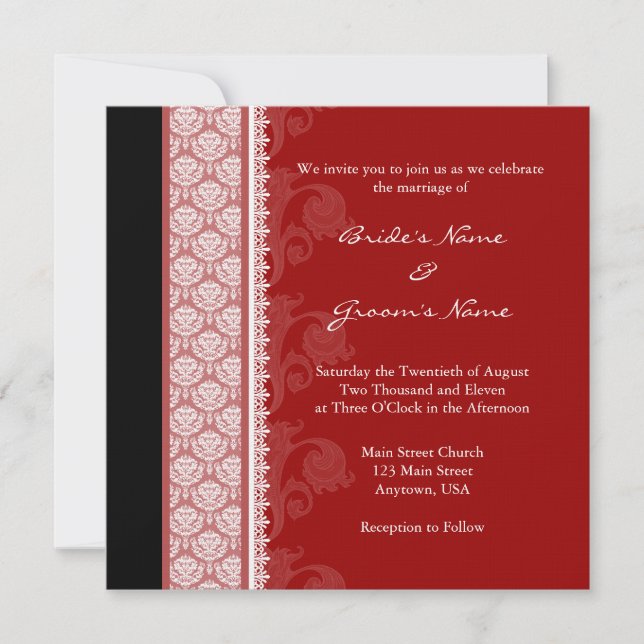 Invitations Carrés Red & Black Mariage damassé (Devant)