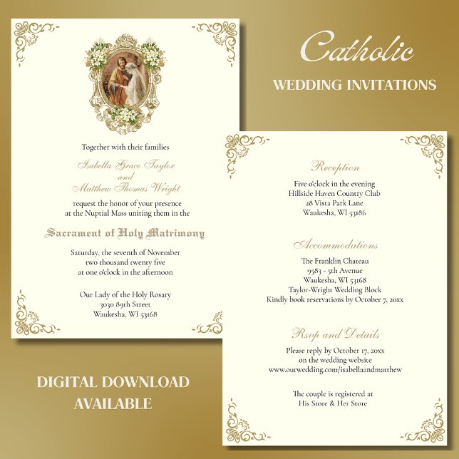 INVITATIONS CATHOLIQUES DE MARIAGE D'OR FLORAL (Créateur téléchargé)