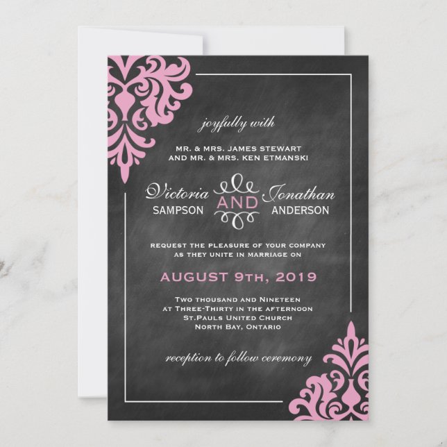 Invitations Chalkboard et Pink Mariage damassé (Devant)